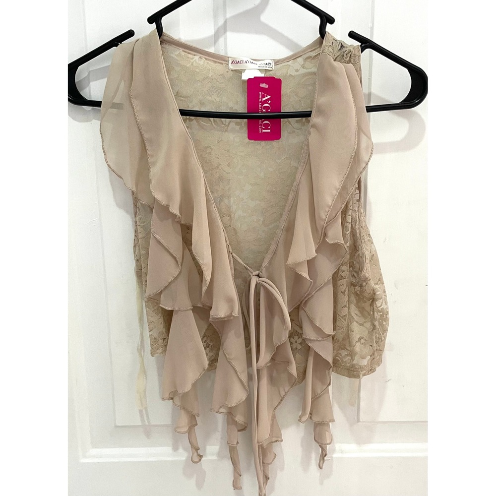 A'GACI Women Tan Beige Lace Ruffle Shrug Vest Sheer Tiered Front Tie NWT Small
